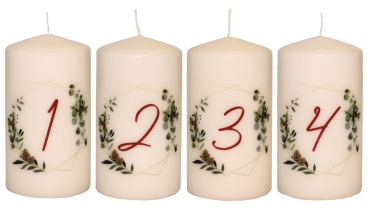 4 Kerzen Flachkopfkerzen Advent Zahlen 1-4 creme 130 mm hoch