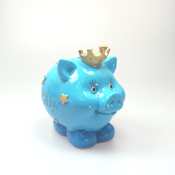Sparschwein Spardose Spartopf "Baby" mit Krone in Blau