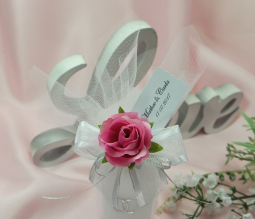 Gastgeschenk Kerze Tüll weiß Ringe silber Blüte pink Hochzeit