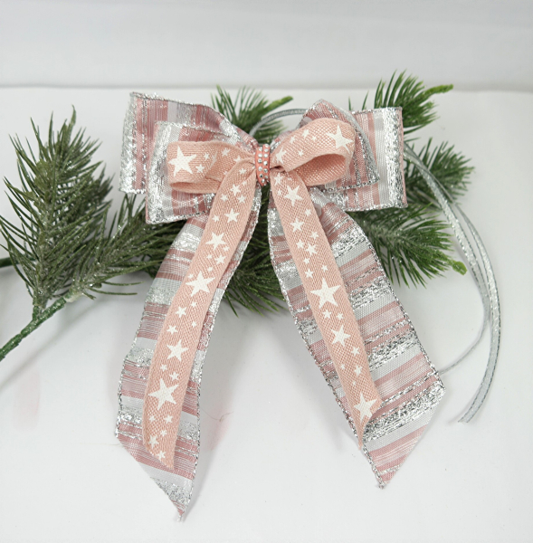 5 festliche Schleifen Weihnachtsschleifen Rosa, Silber, Weiß Sterne 12 x 16 cm