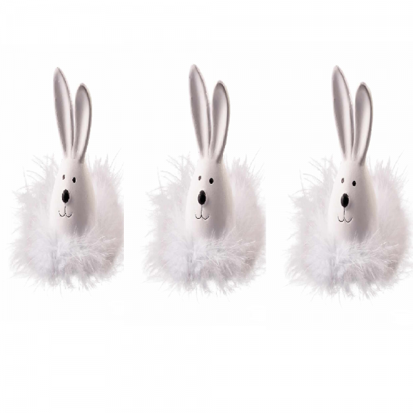 3 Stück Hasen-Kopf Deko-Hasen Hase mit Plüsch weiß 14 cm Ostern