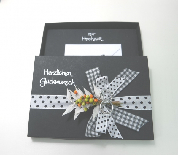 Geschenkschachtel Geldgeschenk Box Deko schwarz Schleife gepunktet Hochzeit