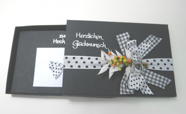 Geschenkschachtel Geldgeschenk Box Deko schwarz Schleife gepunktet Hochzeit