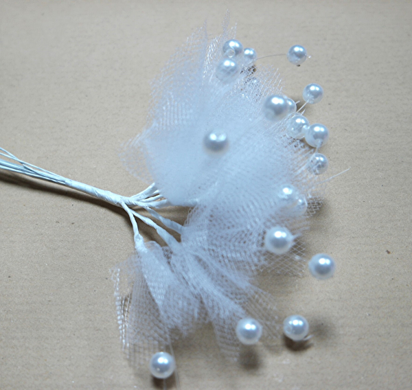 72 Perlen-Tüllblüten am Stiel weiß Hochzeit