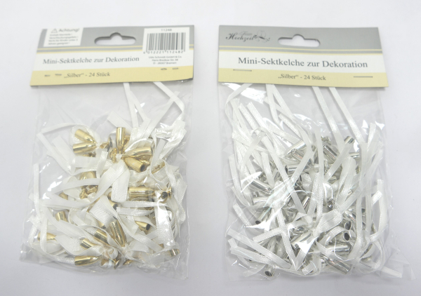 24 Paar Deko-Sektkelche MINI silber- oder goldfarben mit Schleife