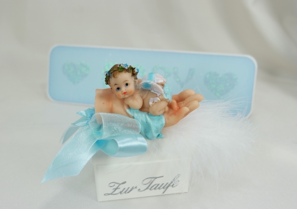 Geschenkschachtel Geldgeschenk Truhe Deko hellblau Baby in Hand Junge Taufe