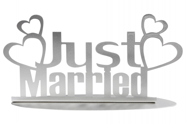 Aufsteller Schriftzug "Just Married" silber Herzen Hochzeit