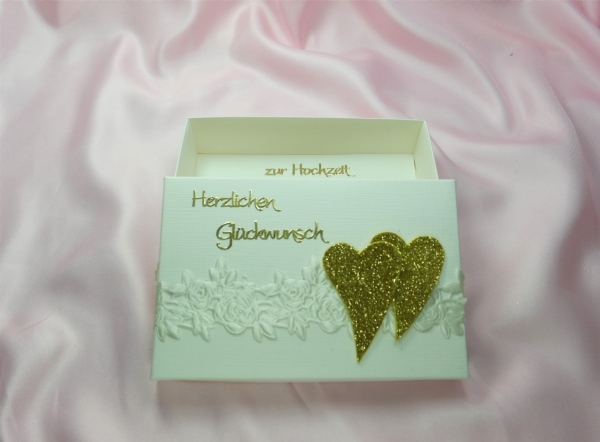 Geschenkschachtel Geldgeschenk Box Deko Herzen goldfarben Hochzeit