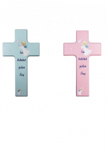 Kreuz Holzkreuz rosa oder hellblau zum Anhängen Kommunion Geburt Taufe