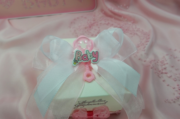 Geschenkschachtel Geldgeschenk Schleifen Rassel rosa weiß Baby Mädchen Taufe